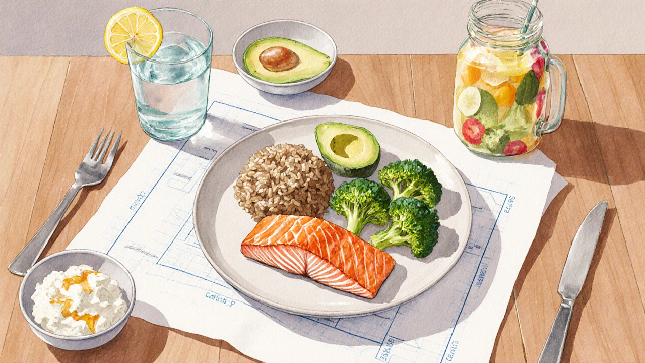A balanced dinner plate with baked salmon, brown rice, broccoli, avocado slices, and a glass of lemon‑water, representing a strength‑focused meal.