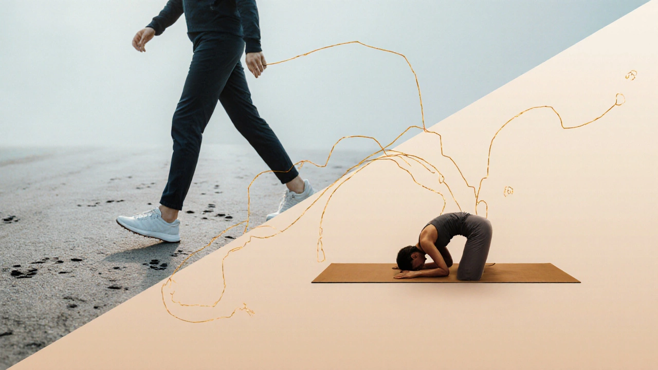 A person transitioning from walking to yoga, symbolized by a golden flow connecting motion and stillness.