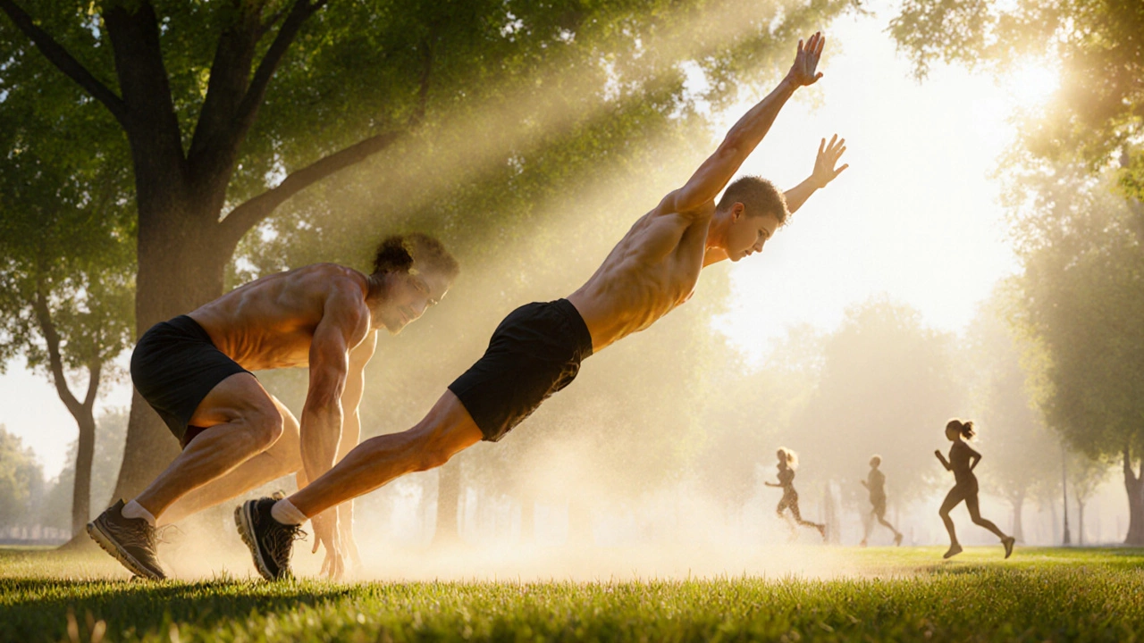 Athlete captured in three stages of a burpee against a dawn park background.