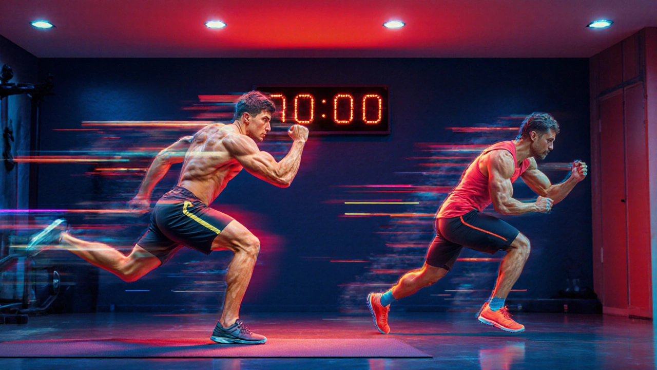Athlete performing high‑intensity burpees and mountain climbers in a home gym.
