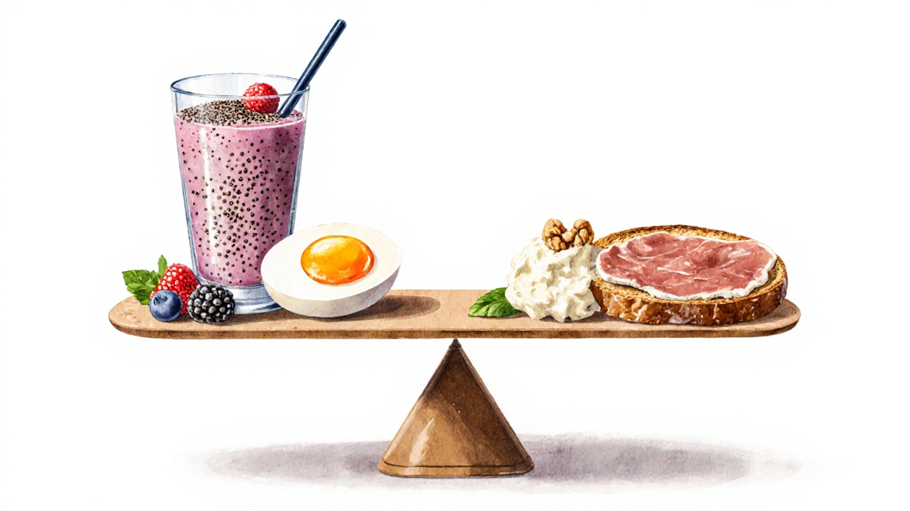 Balanced scale showing protein shake and whole food breakfast options
