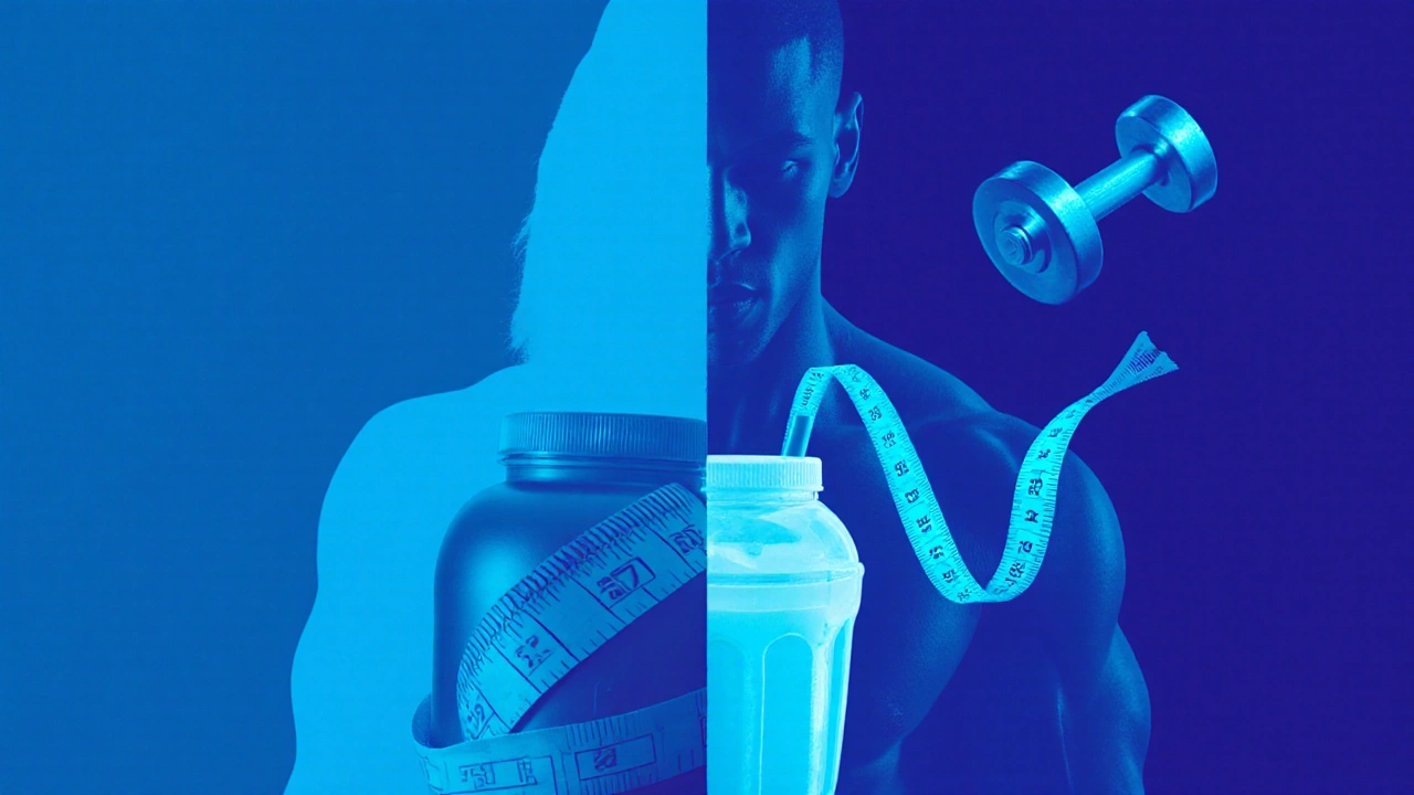 Before‑and‑after silhouettes highlighting increased muscle with faint fitness accessories.