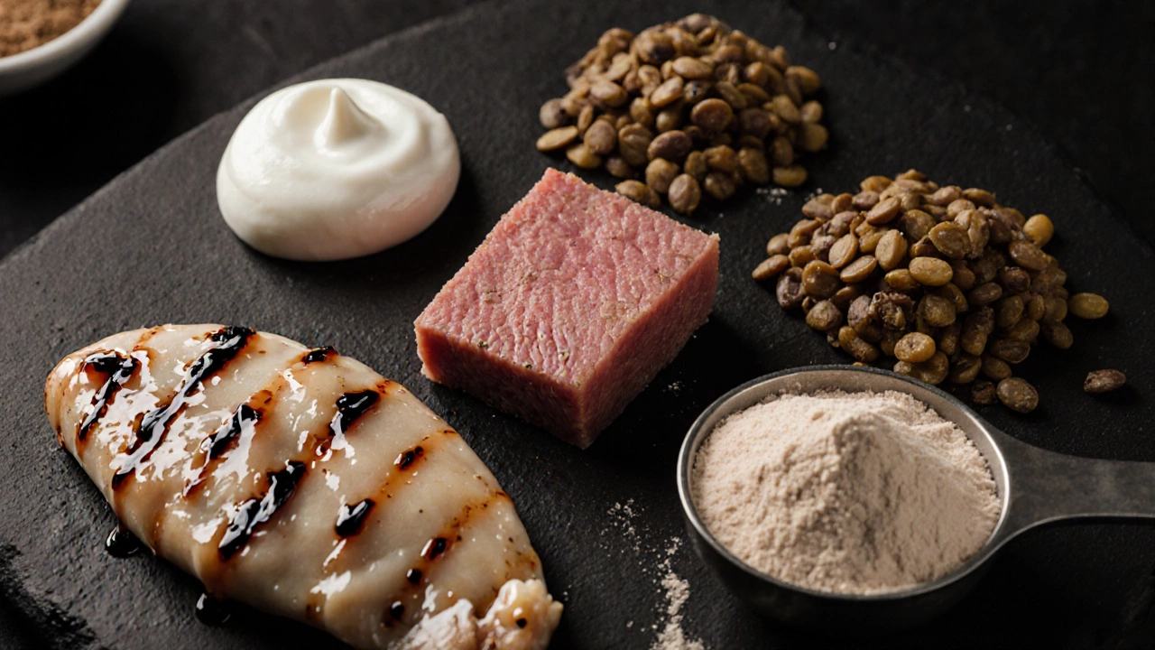 Close‑up view of protein powerhouses—grilled chicken, lean beef, Greek yogurt, lentils, and whey protein—in a circular arrangement on a cutting board.
