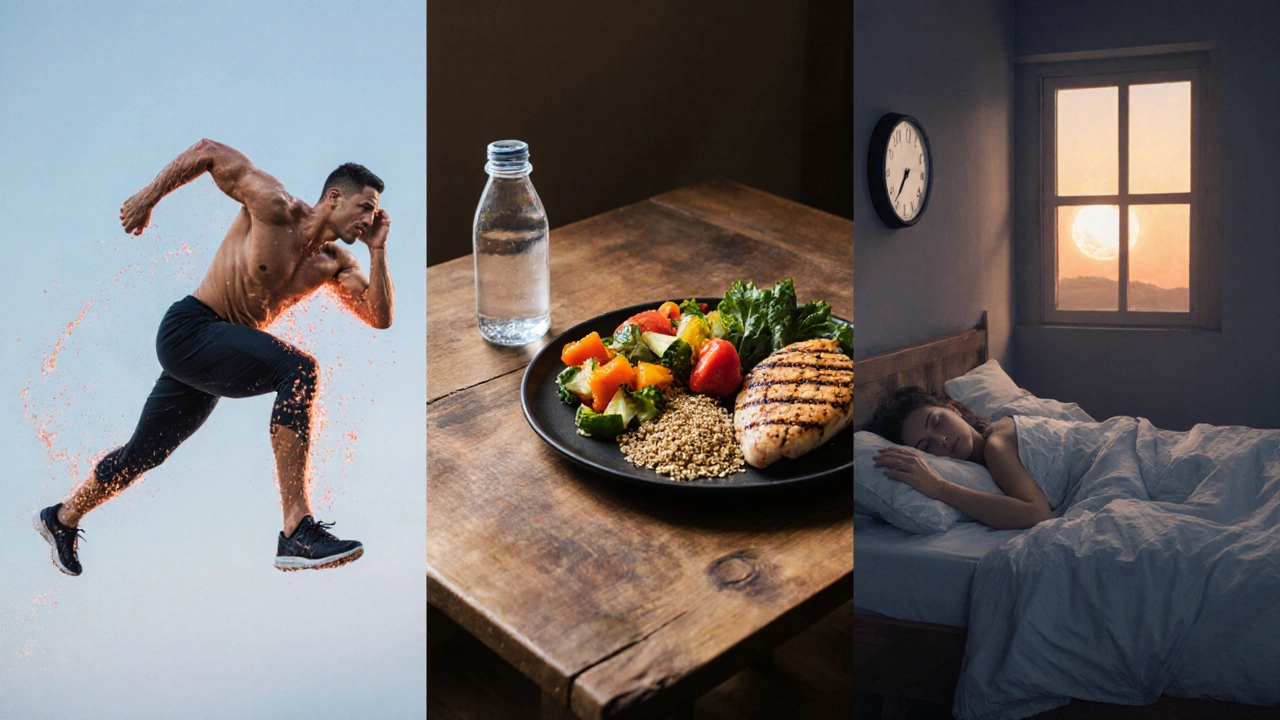 Collage of a burpee, healthy meal, and restful sleep illustrating lifestyle factors.