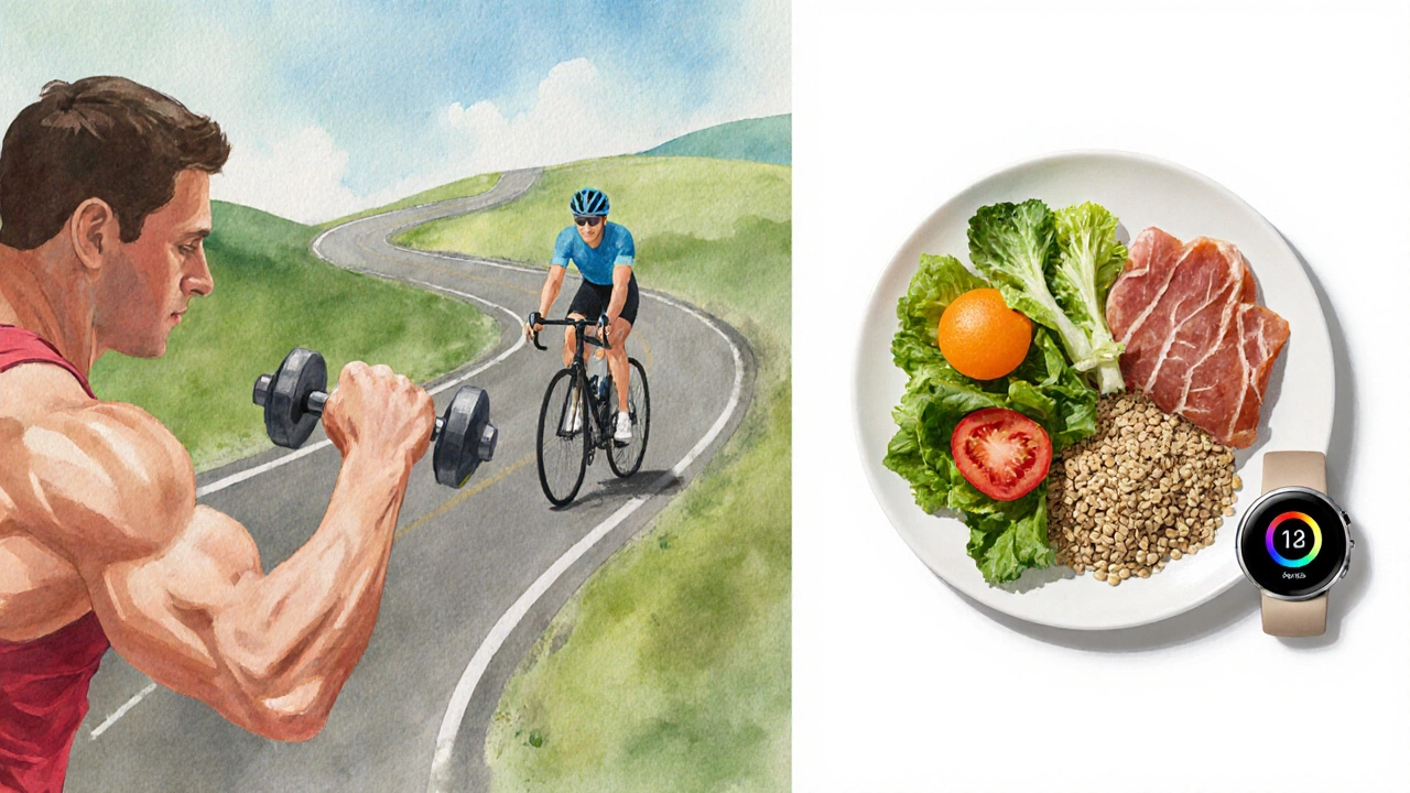 Collage of weight‑lifting, cycling, and healthy meal symbolizing balanced routine.