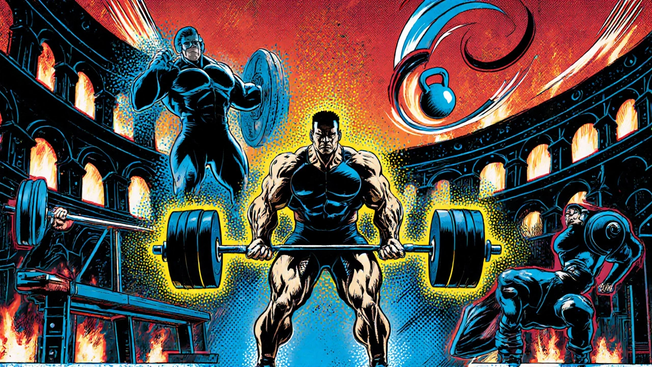 Comic‑style collage of deadlift, bench press, overhead press, power clean, split squat, and kettlebell swing.