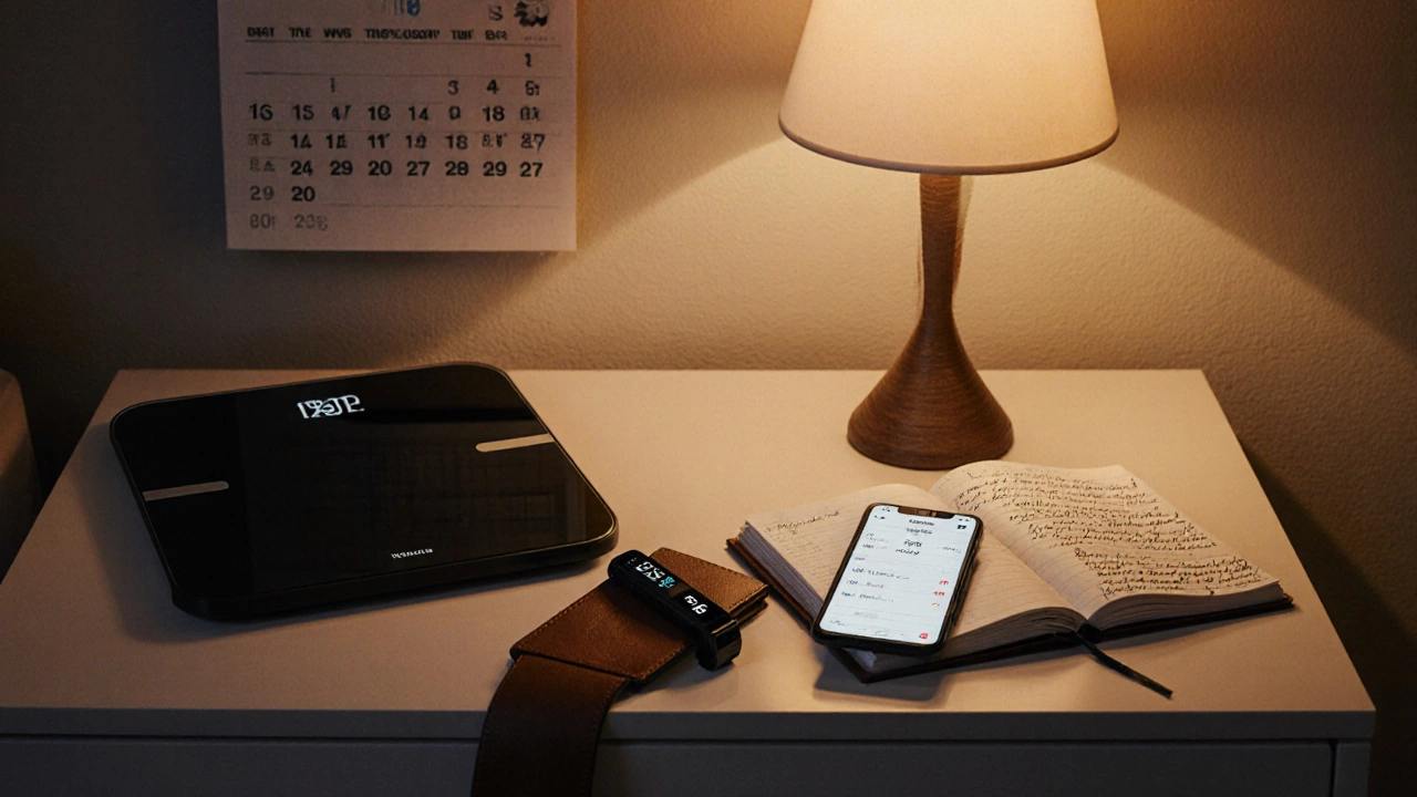Cozy bedroom nightstand displaying phone, notebook, smart scale, and a fitness band beside them.
