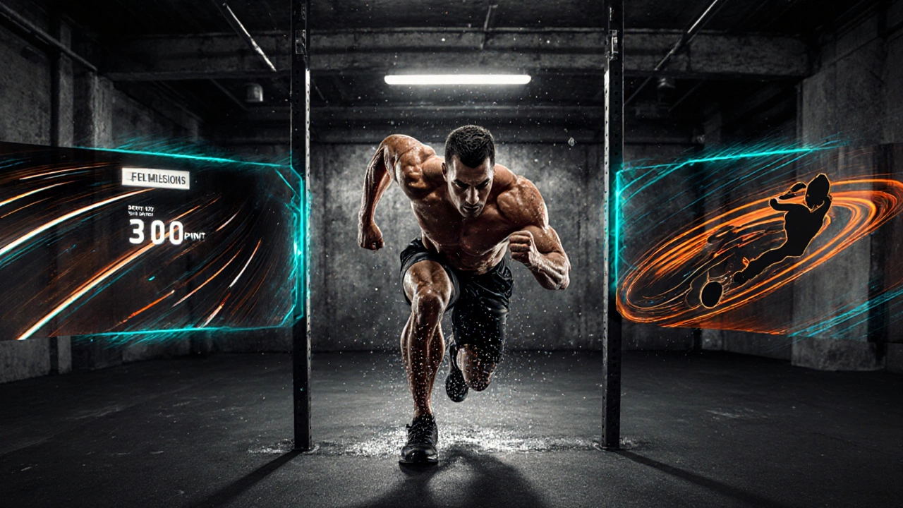 Dynamic HIIT workout illustration with burpee‑pull‑up combo, sprint, and kettlebell swing.