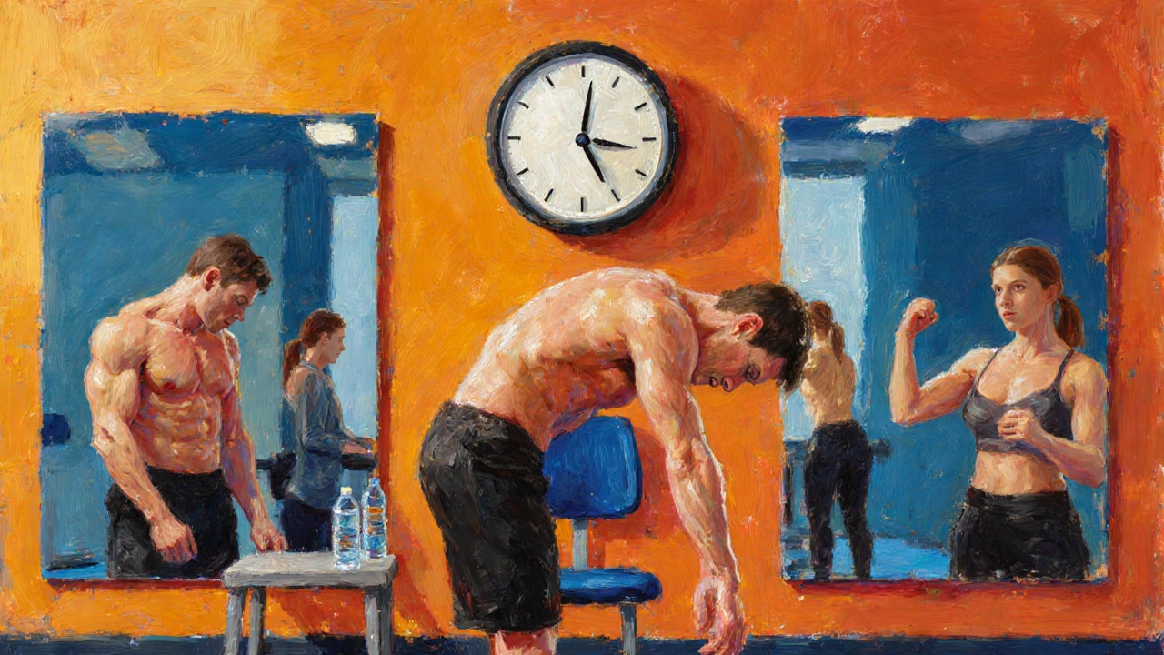 Exhausted trainer demonstrating exercises with a clock showing late afternoon.