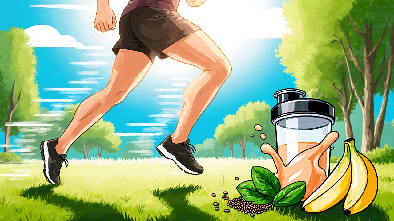 Fit person doing sprint intervals with a whey shake and fresh ingredients nearby.