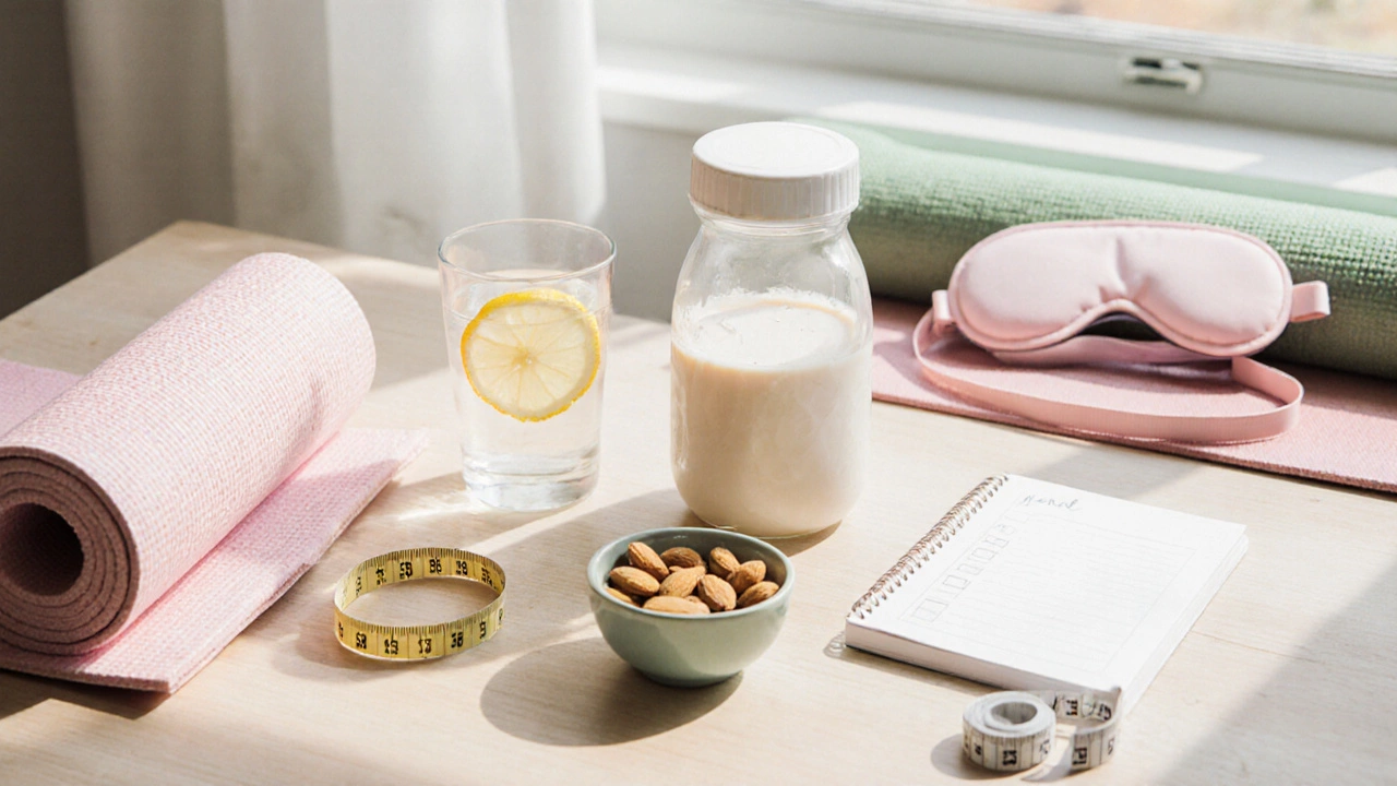 Flat lay of casein shake, lemon water, almonds, sleep mask, and fitness accessories representing a 7‑day flat belly plan.