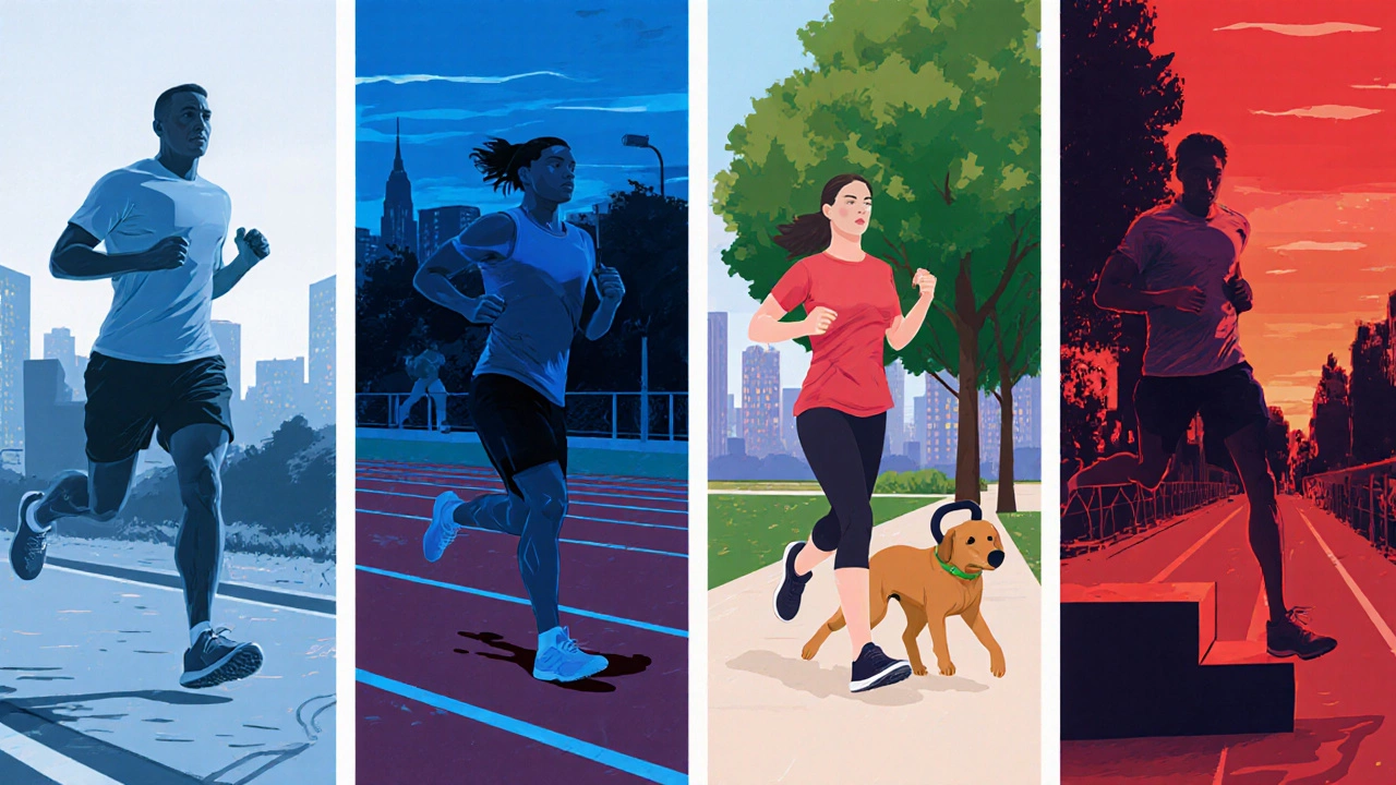 Four cardio styles shown side by side with intensity color cues.