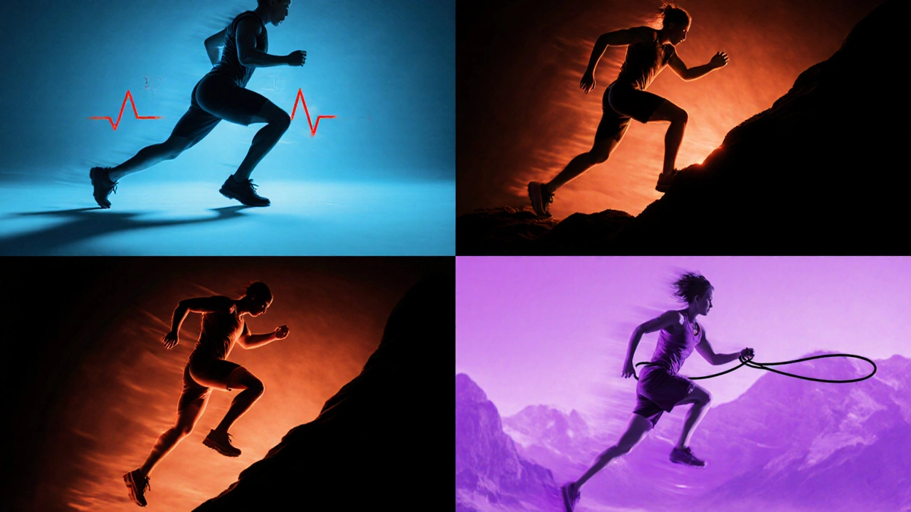Four panels show different HIIT ratios with distinct exercises and colored motion cues.