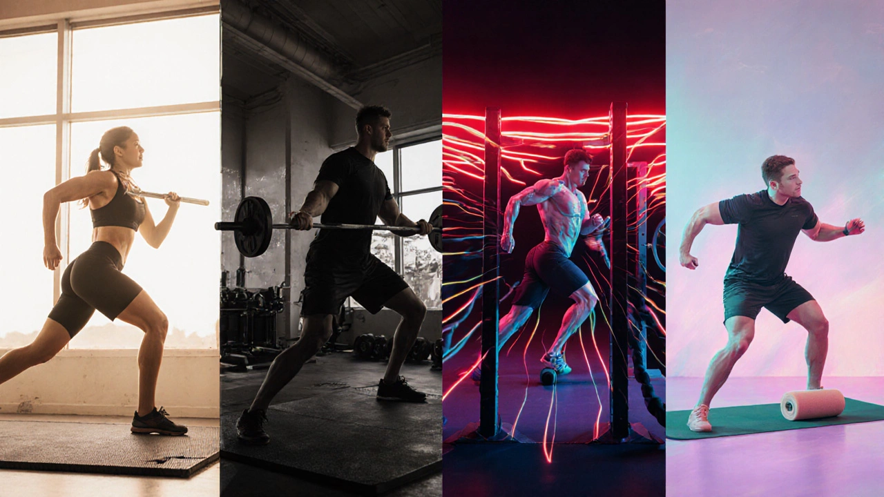 Four panels showing warm‑up, heavy squat, HIIT finisher, and cool‑down in a 30‑minute session.