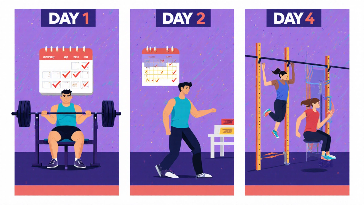 Gym illustration showing bench press, deadlift, and pull‑up sessions across different days.
