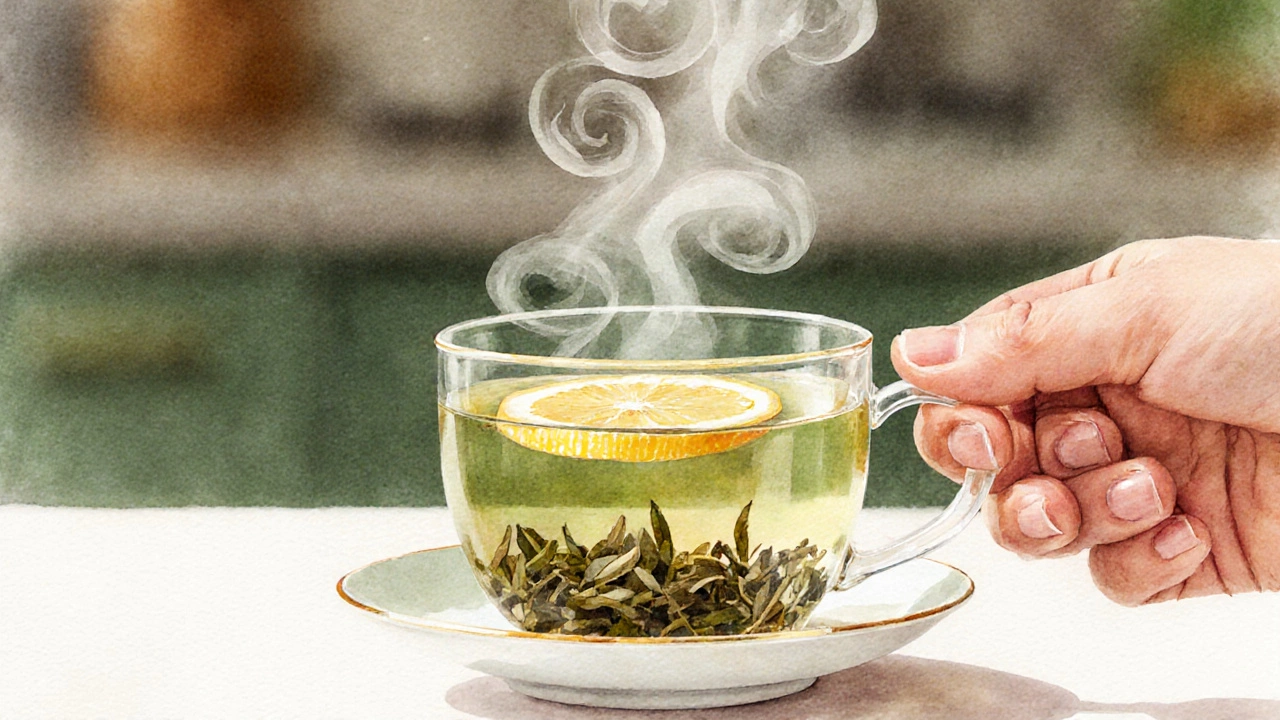 Hand pouring hot green tea with lemon into a porcelain cup, steam rising.