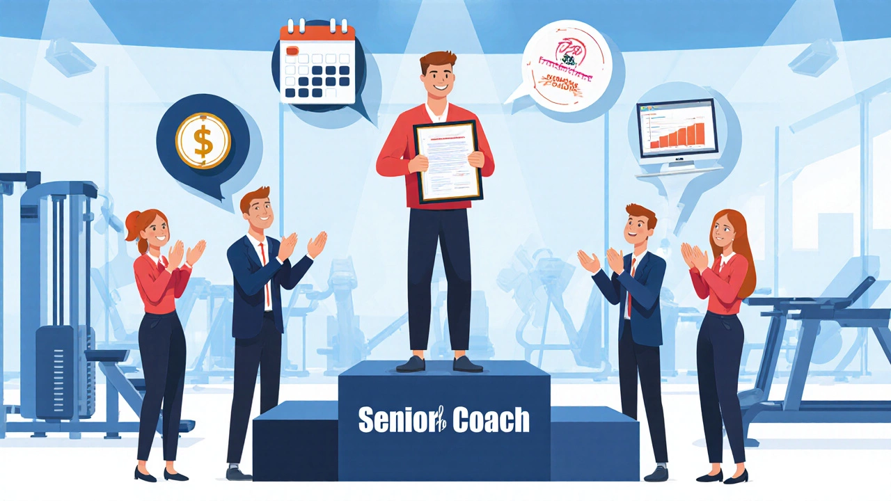 Happy trainer receiving a promotion certificate, surrounded by supportive symbols.