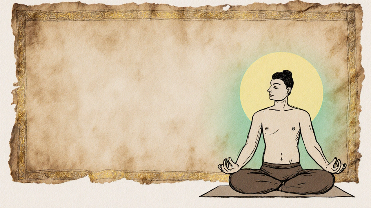 Ink illustration of a modern yogi beside ancient Yoga Sutras with a golden aura.