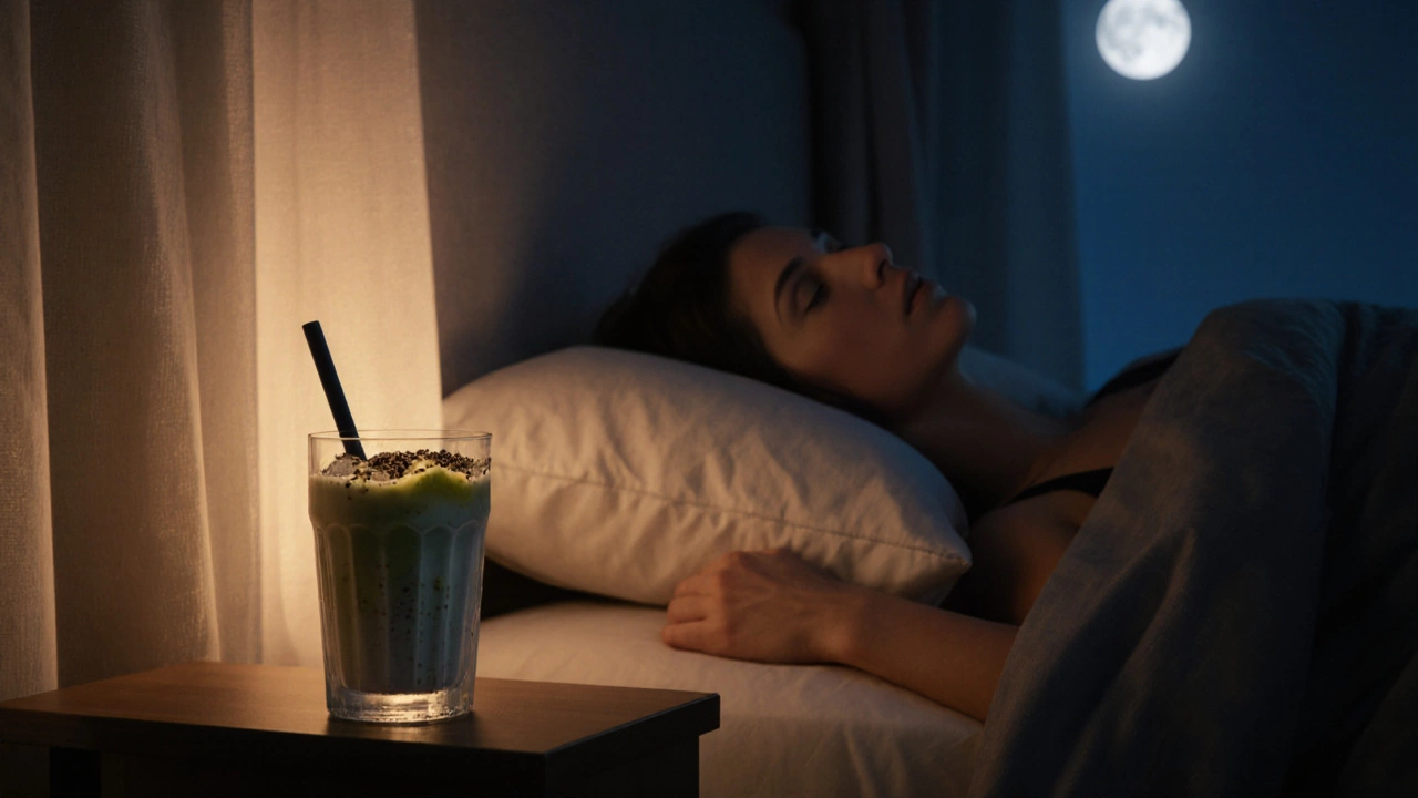 Nighttime bedroom scene with a casein shake on the nightstand and a relaxed sleeper.
