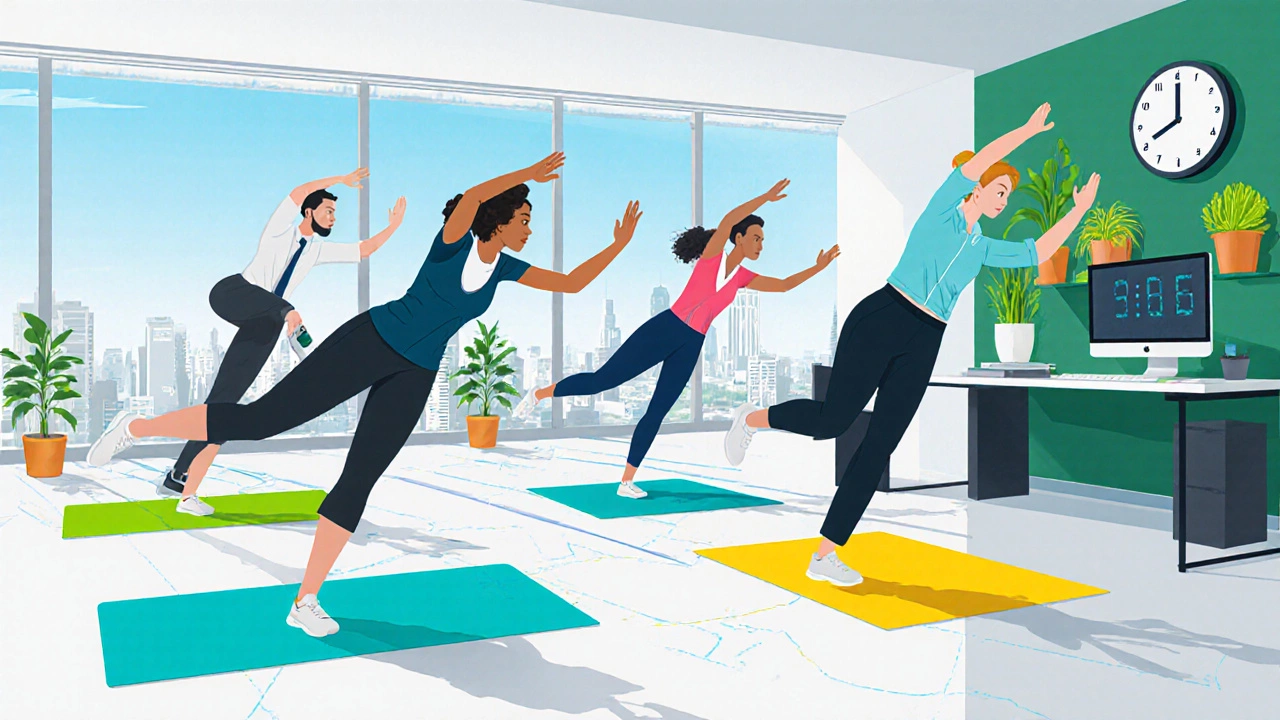 Office workers do power‑yoga flow on mats near large windows at noon.