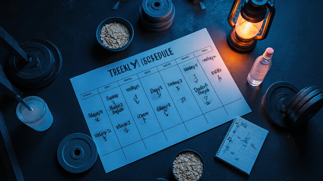 Overhead view of a weekly training schedule with equipment and nutrition items on a gym floor.
