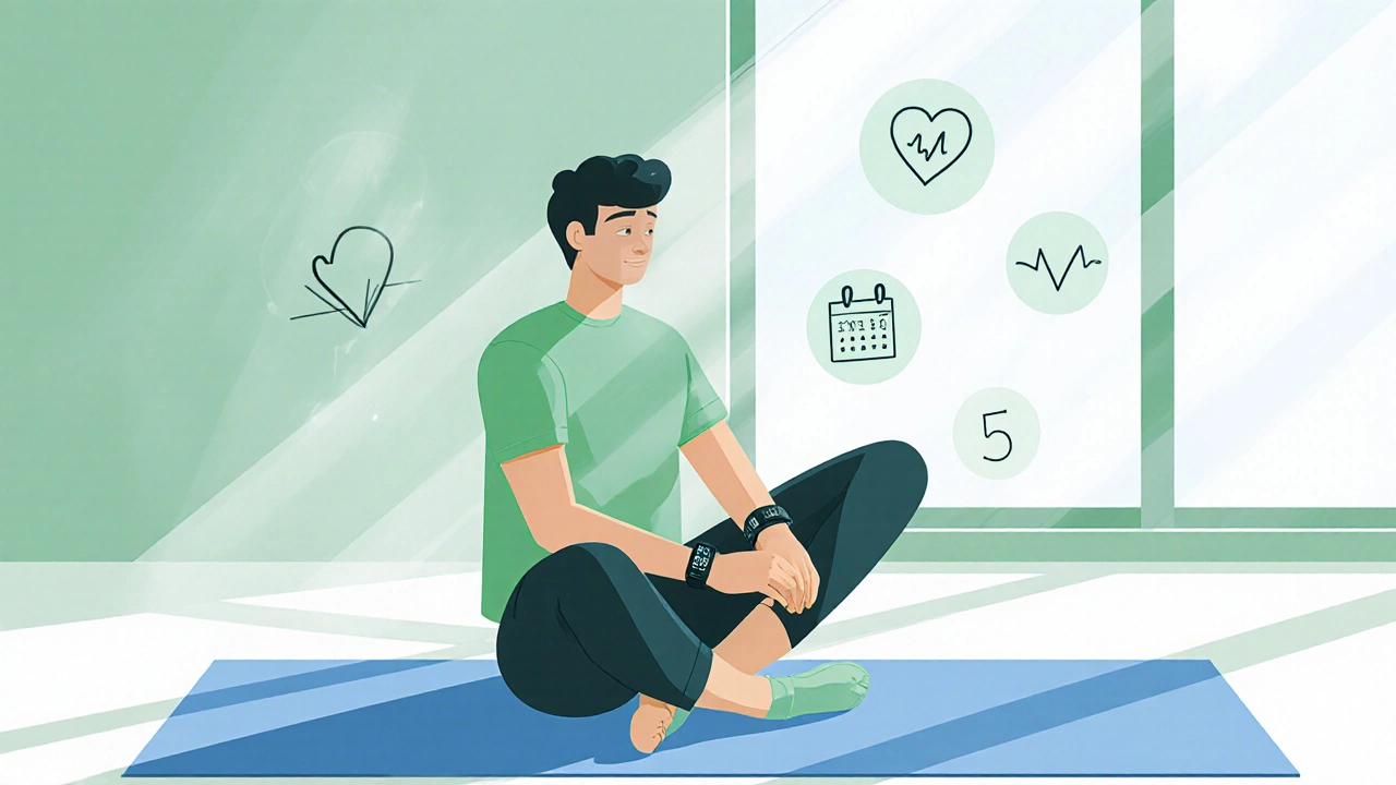 Person resting post‑cardio, checking heart rate on smartwatch.