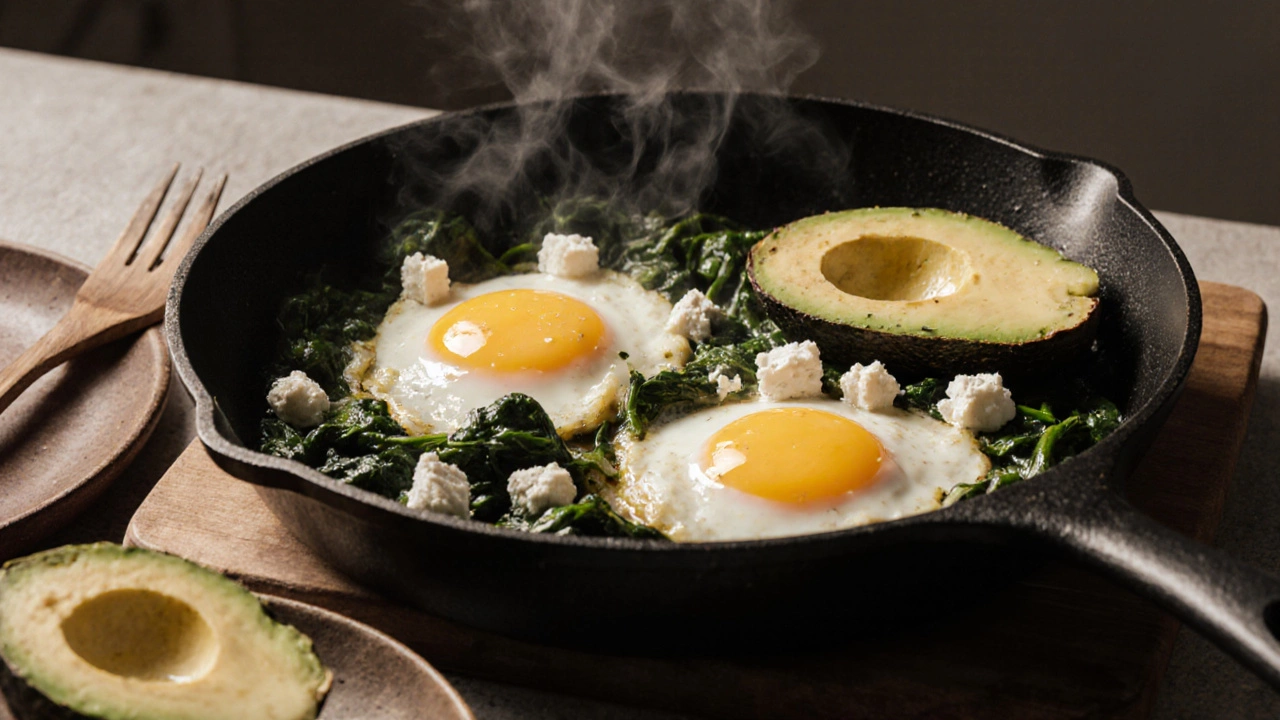 Scrambled eggs with feta and spinach on a ceramic plate beside avocado