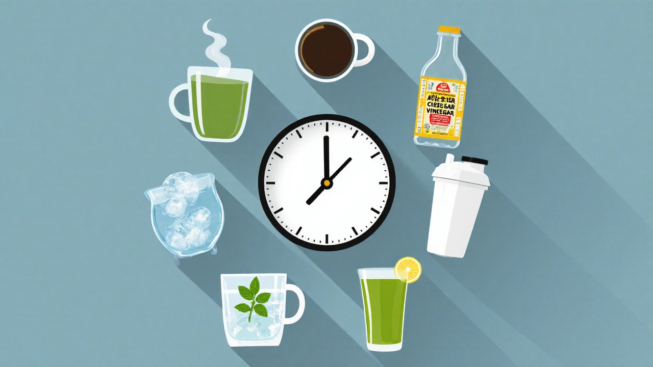 Series of eight glasses and bottles arranged around a clock, representing a daily sipping schedule.