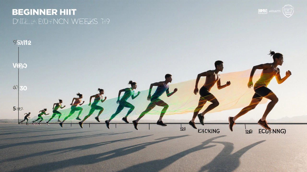 Series of the same athlete advancing through weeks, showing longer work and shorter rest.