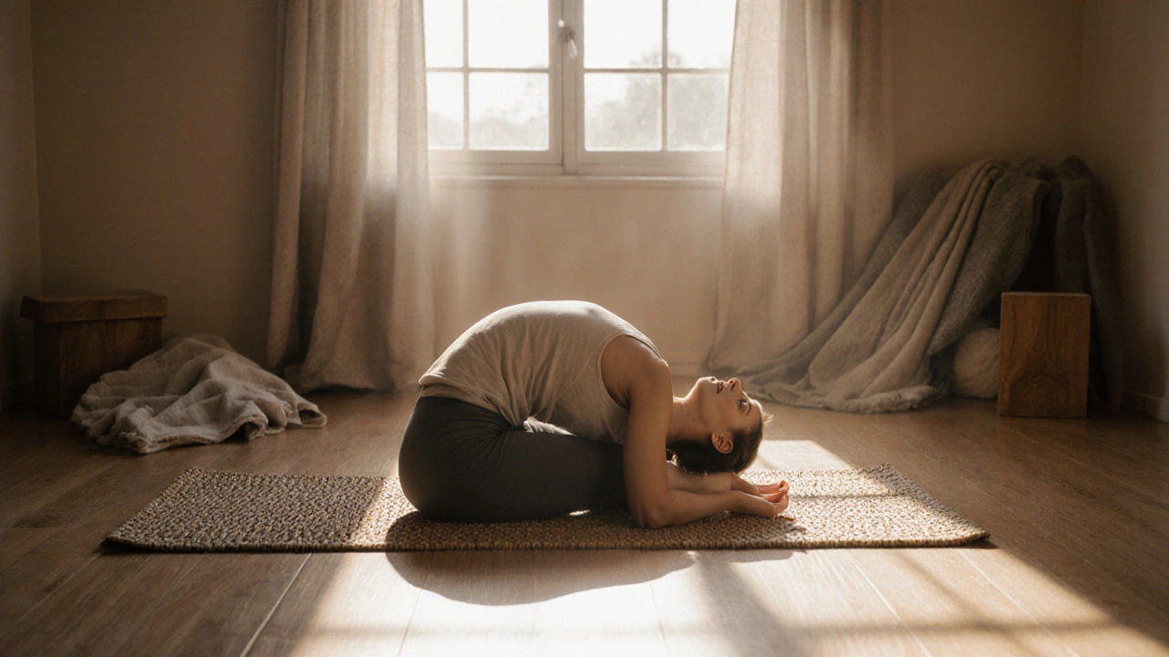Someone practicing gentle cat-cow yoga by a sunlit window, surrounded by calming props.
