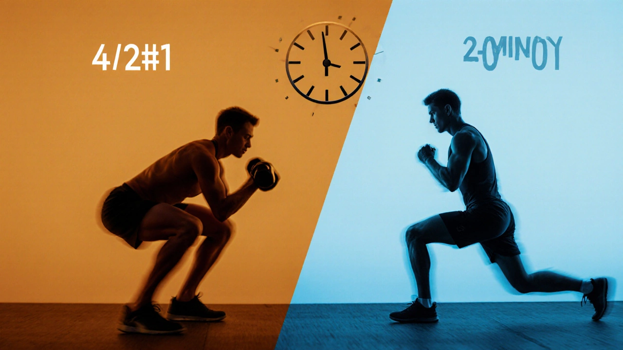 Split view of intense goblet squats and lighter lunges during a 4‑2‑1 interval.