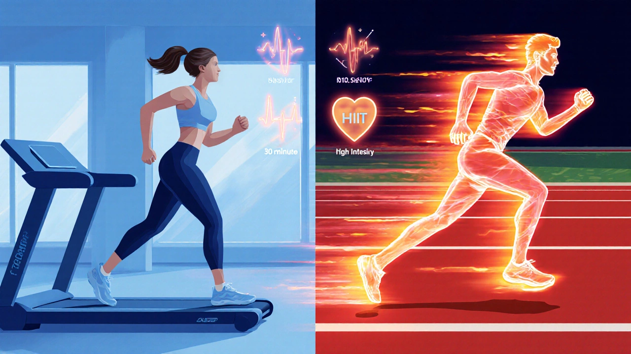 Split view of walking treadmill versus sprint track, showing cardio intensity.