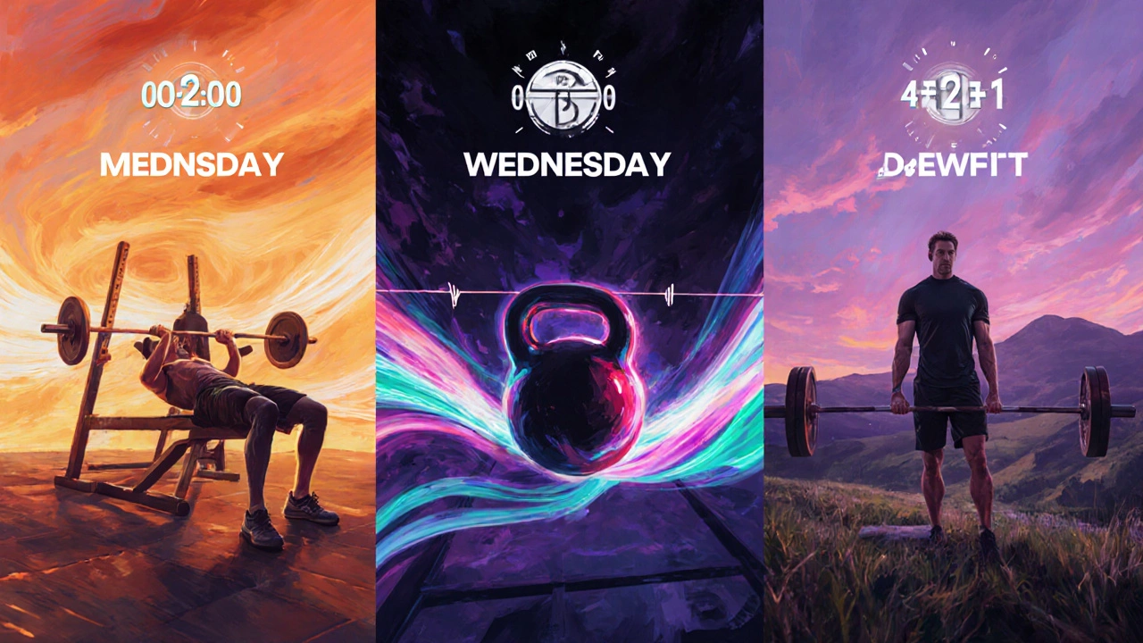 Three gym scenes showing weekly 4‑2‑1 workouts for bench press, kettlebell swings, and deadlifts.