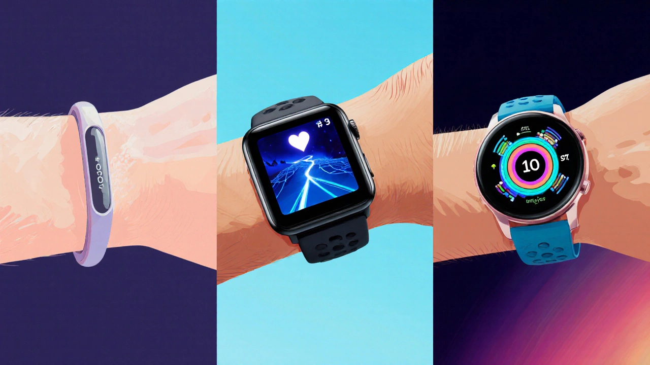 Three panels showing budget, mid‑range, and premium trackers on wrists.