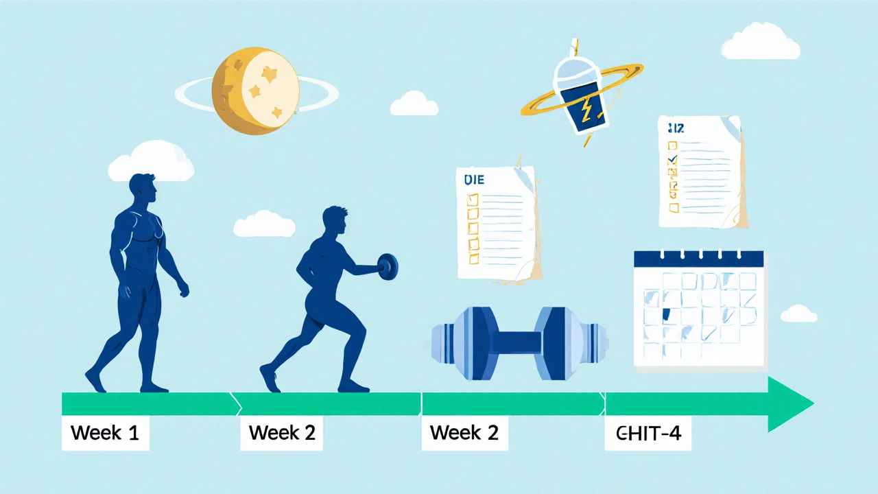 Timeline illustration of four‑week fitness progress with evolving silhouette and icons.