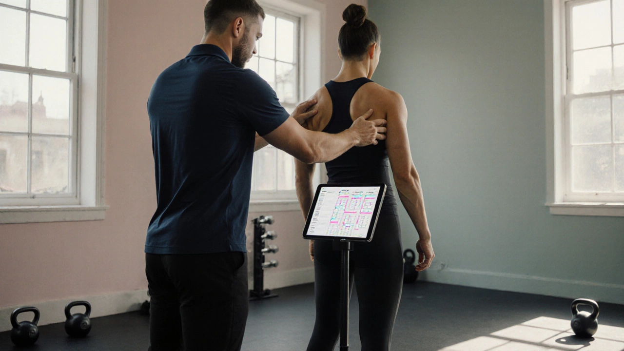 Trainer assessing client’s form in bright studio, tablet showing workout plan.