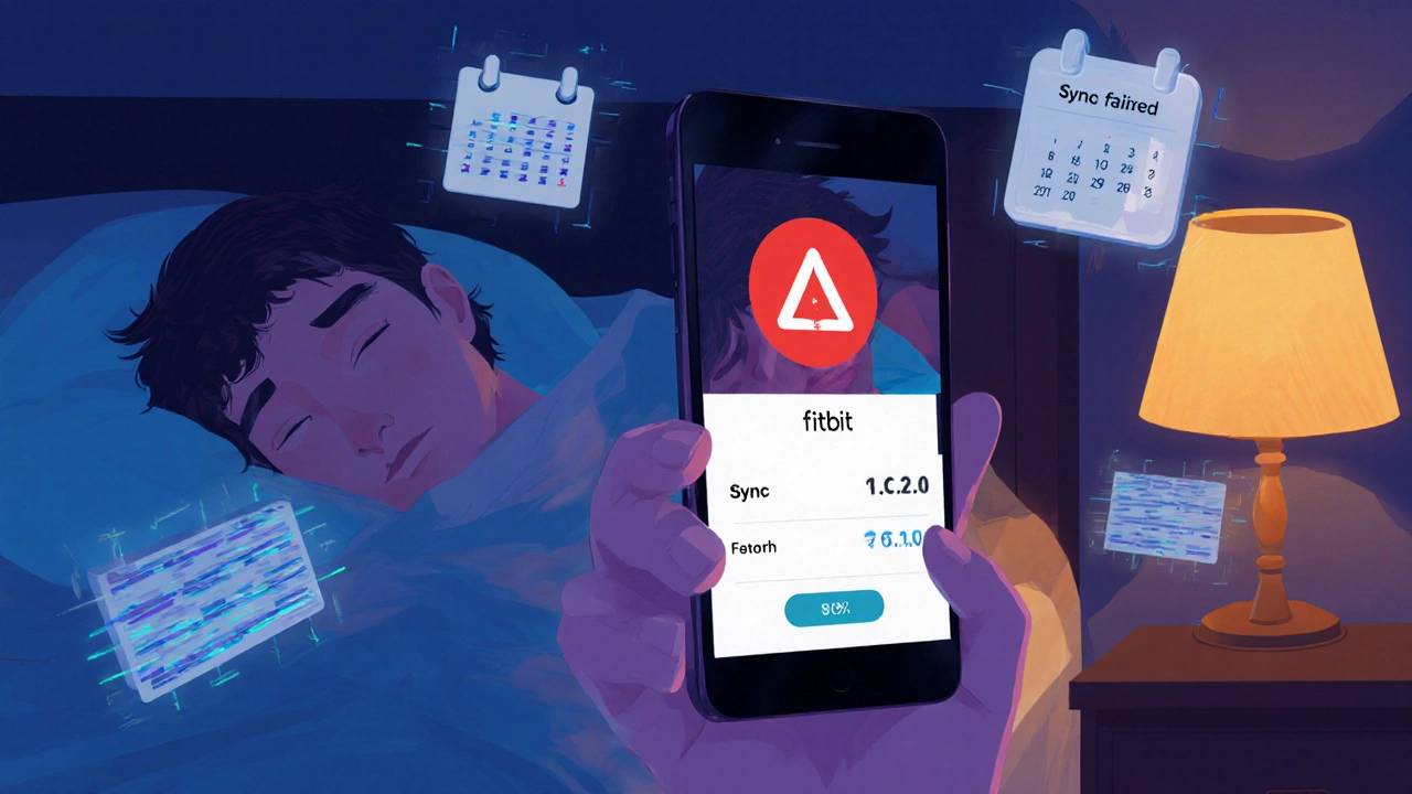 User in dim bedroom sees Fitbit app error and low‑battery warning on phone.