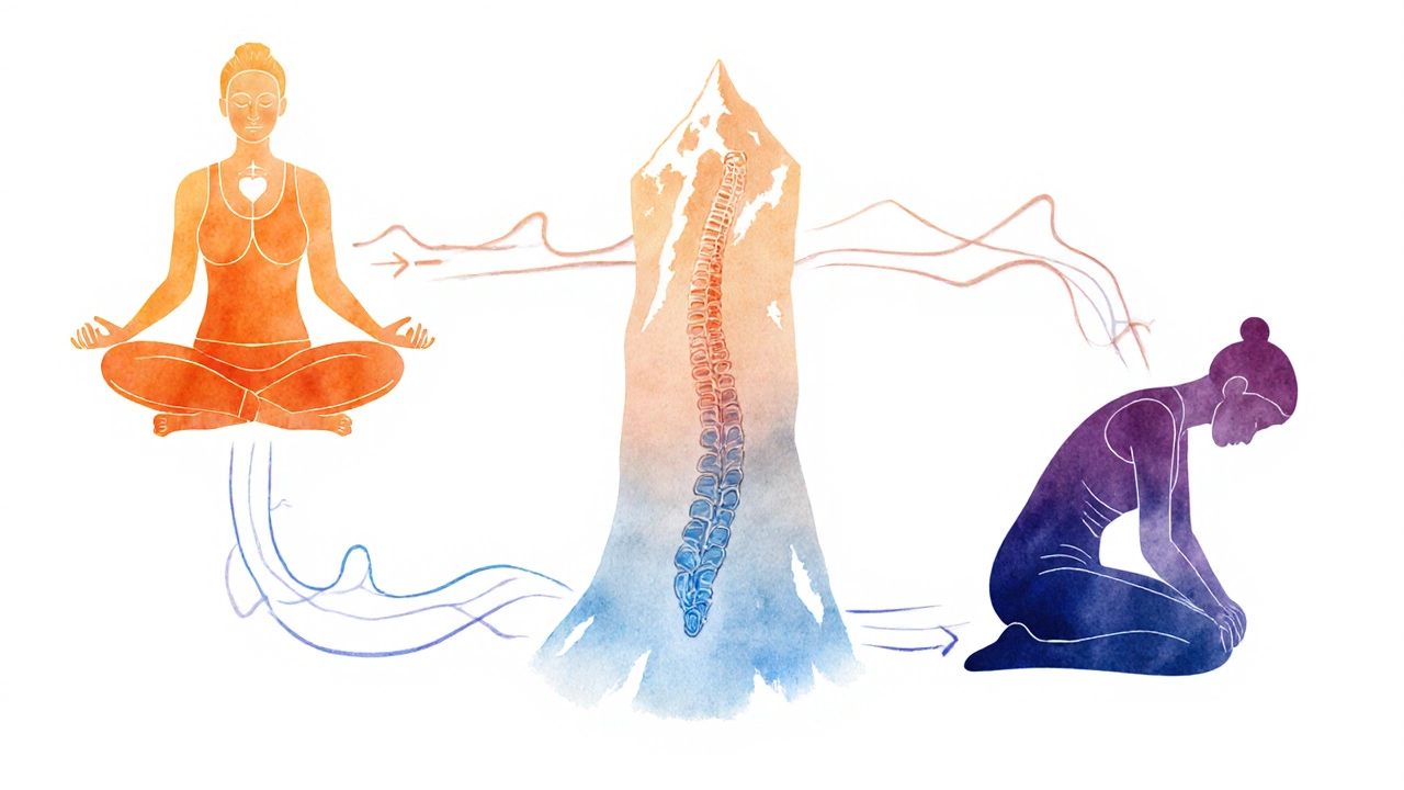 Watercolor sequence showing pranayama, mountain pose, and forward fold linked by breath lines.
