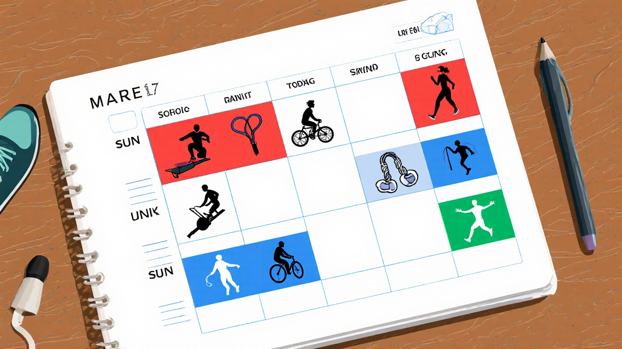 Weekly planner with icons for running, cycling, rowing, rope‑skip and intensity blocks.