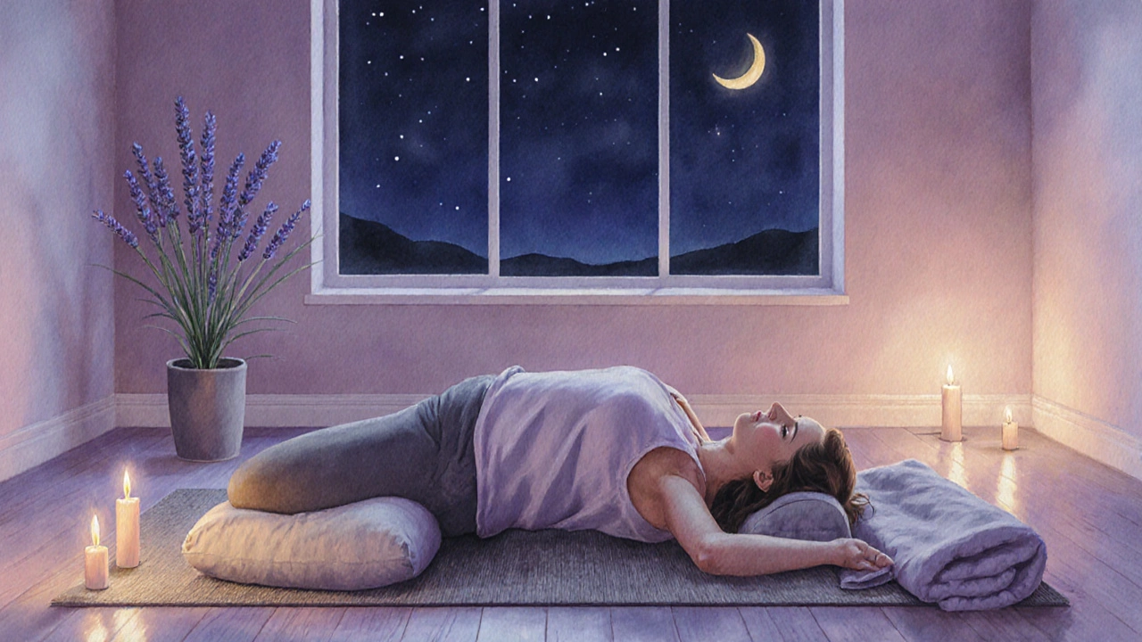 Woman rests in restorative yoga with candles and blankets in a dim studio.