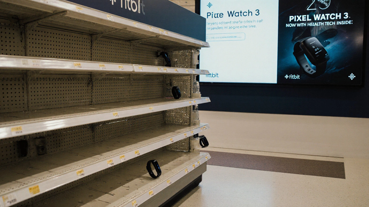 An empty Fitbit shelf in a store with only one device left, next to ads for Pixel Watch 3.
