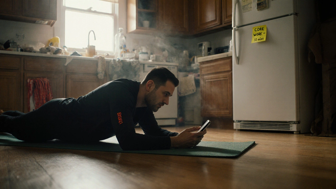 Client doing a half-hearted plank while watching TV at home.