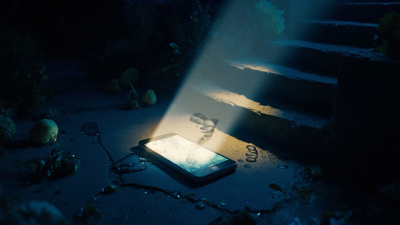 Flashlight beam illuminating footsteps on a path, leaving a smartphone in shadow.