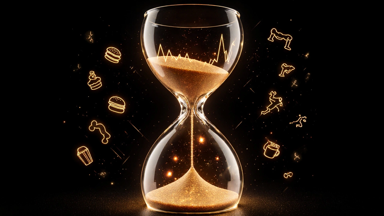 Glowing human body shaped like an hourglass, symbolizing fitness transformation through effort.