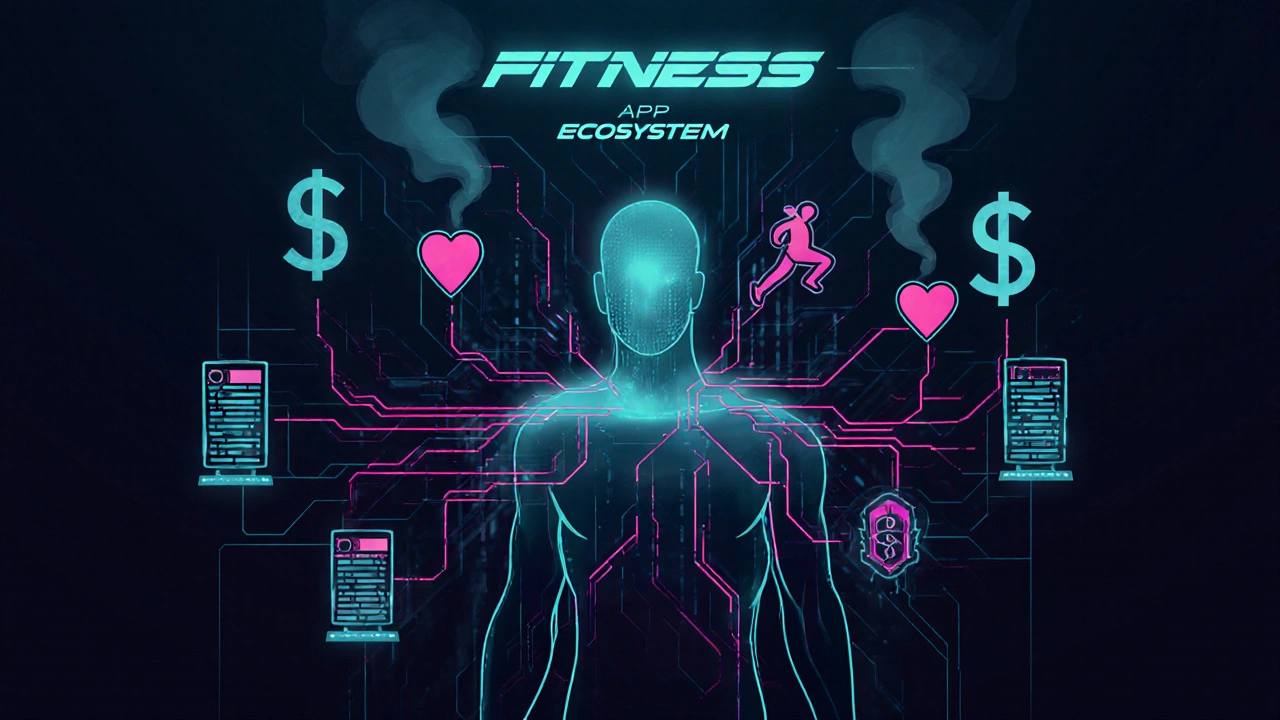 Human silhouette emitting data streams into a digital hub, with dollar signs rising from heartbeats and workouts.