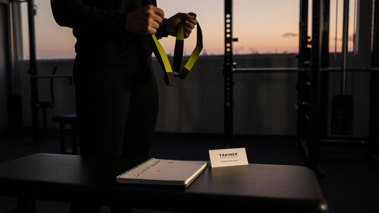 Individual training independently in a quiet gym, holding resistance band with trainer&#039;s card nearby.
