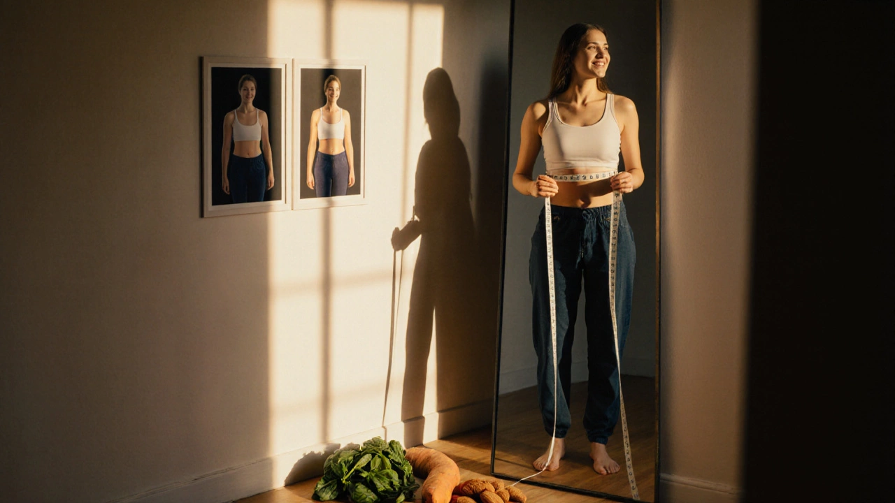 Person measuring waist in mirror, clothes looser, healthy food nearby, morning light.