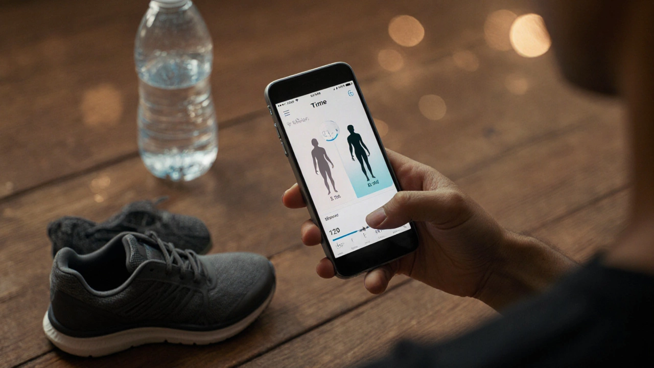 Smartphone timer next to sneakers and water bottle with faint before-and-after silhouettes.