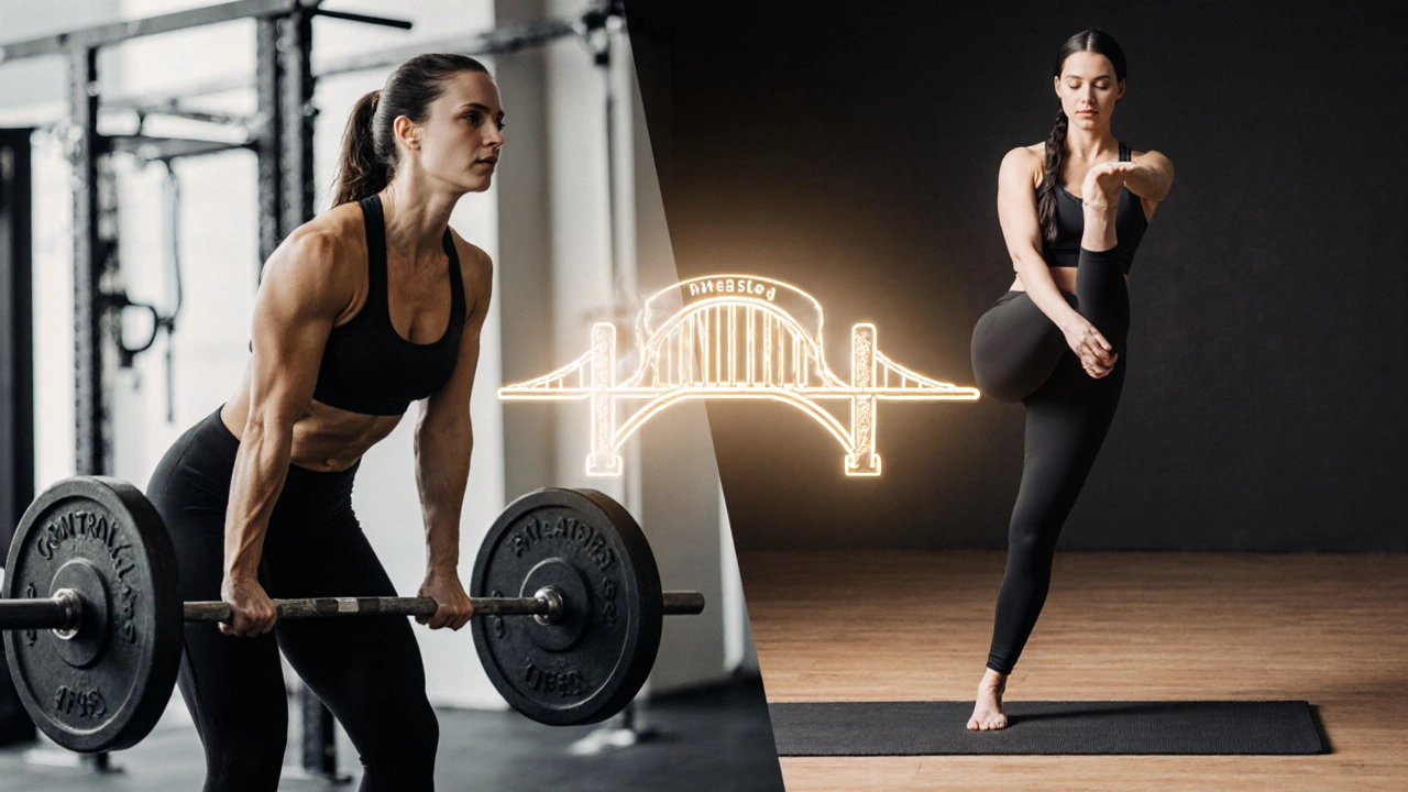 Split image comparing weightlifting and Pilates, both representing strength through different methods.