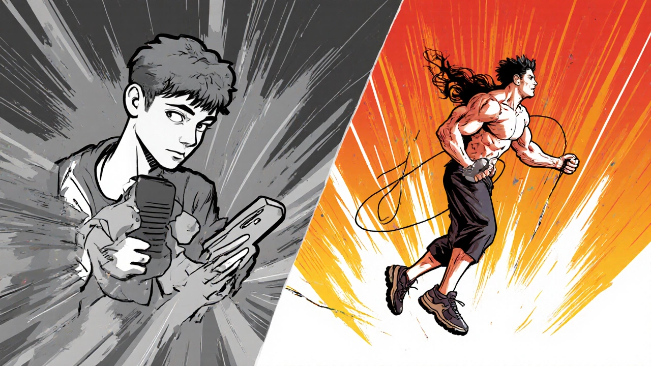 Split image: one side shows lazy exercise with phone, other shows intense cardio with motion effects.